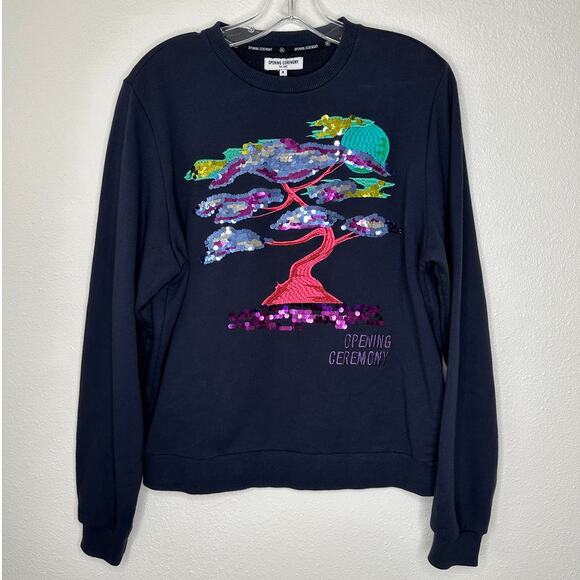 Opening Ceremony Navy Bonsai Multicolored Embroidered Long Sleeve Sweatshirt M - Picture 2 of 13